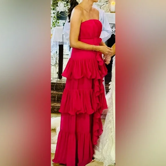 Badgley Mishka Strapless Tiered Ruffle Gown with Belt